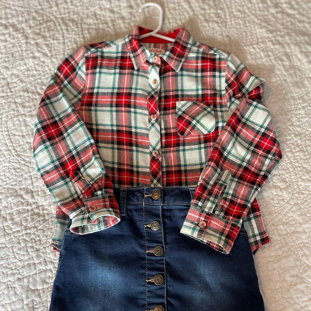 2Pc Denim skirt and Flannel Plaid Button down top